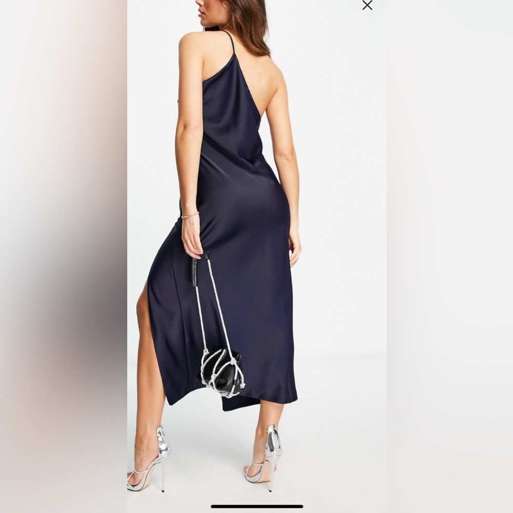 ASOS DESIGN one shoulder midi dress in satin with deal back. Color: navy